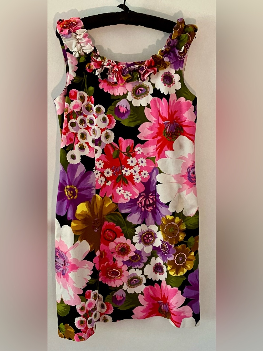 Vintage 70’s Hawaiian Floral Ruffle Neck Dress Pink & Purple Size 14